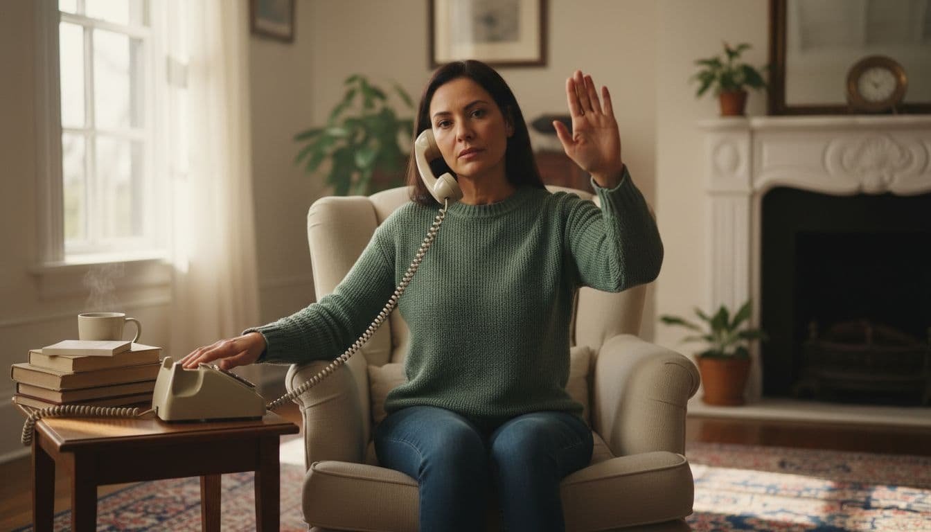 A calm adult in a cozy living room peacefully but firmly hangs up a landline phone receiver, one hand on the phone and the other gesturing stop, with natural daylight and soft shadows.
