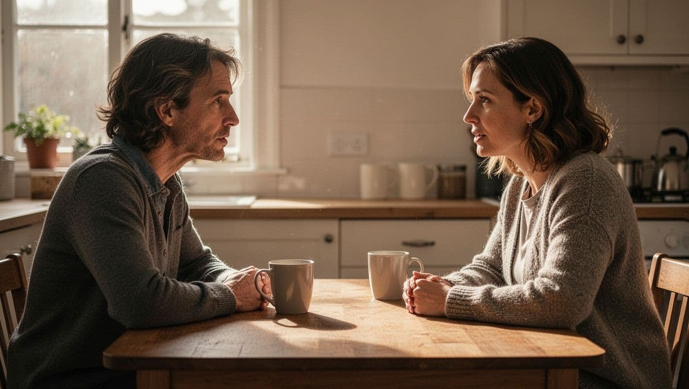 A relaxed couple in their 30s sits across from each other at a sunlit kitchen table, sharing an open conversation about feelings with eye contact and coffee mugs.