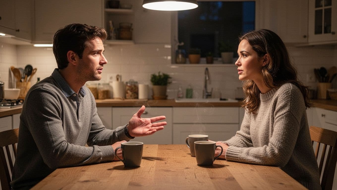 A couple in their late 20s sits facing each other at a kitchen table in the evening, calmly discussing with open body language, neutral expressions, and relaxed hand gesture, with coffee mugs on the table, in a warm realistic photo style.