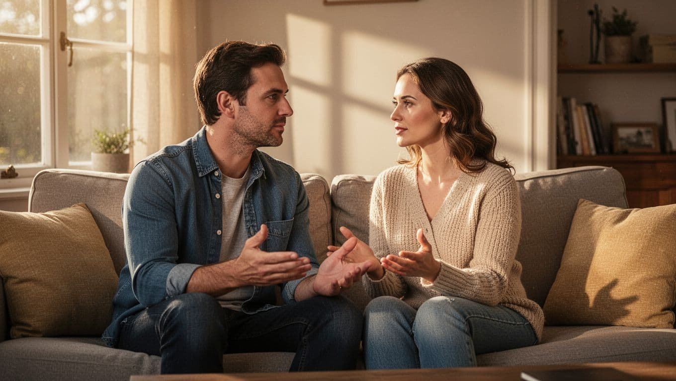 A man and a woman sit closely together on a comfortable couch in a sunlit living room, facing each other with serene expressions and gentle hand gestures during a soft, intimate conversation.