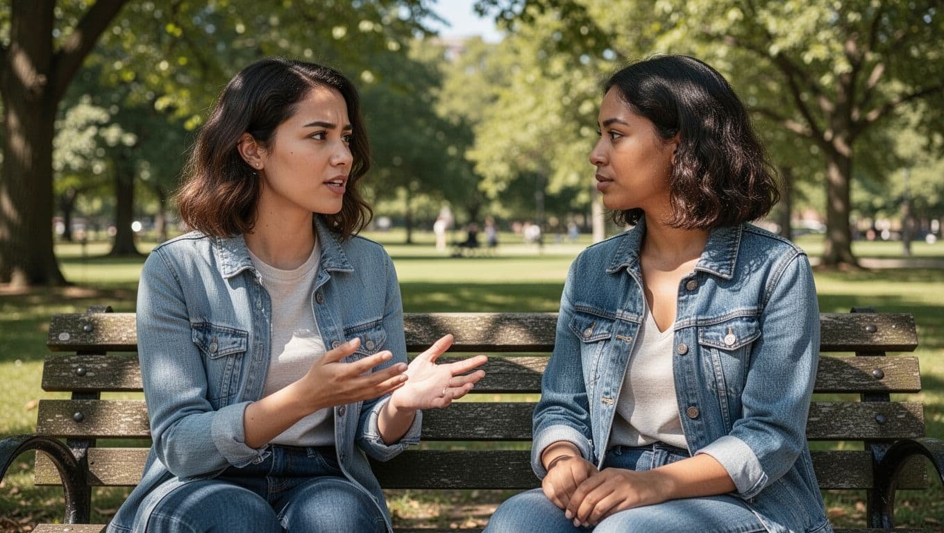 Two friends sit calmly on a park bench in natural daylight, one woman stating a boundary with a short calm phrase and relaxed hand gesture, the other listening attentively in realistic photo style.