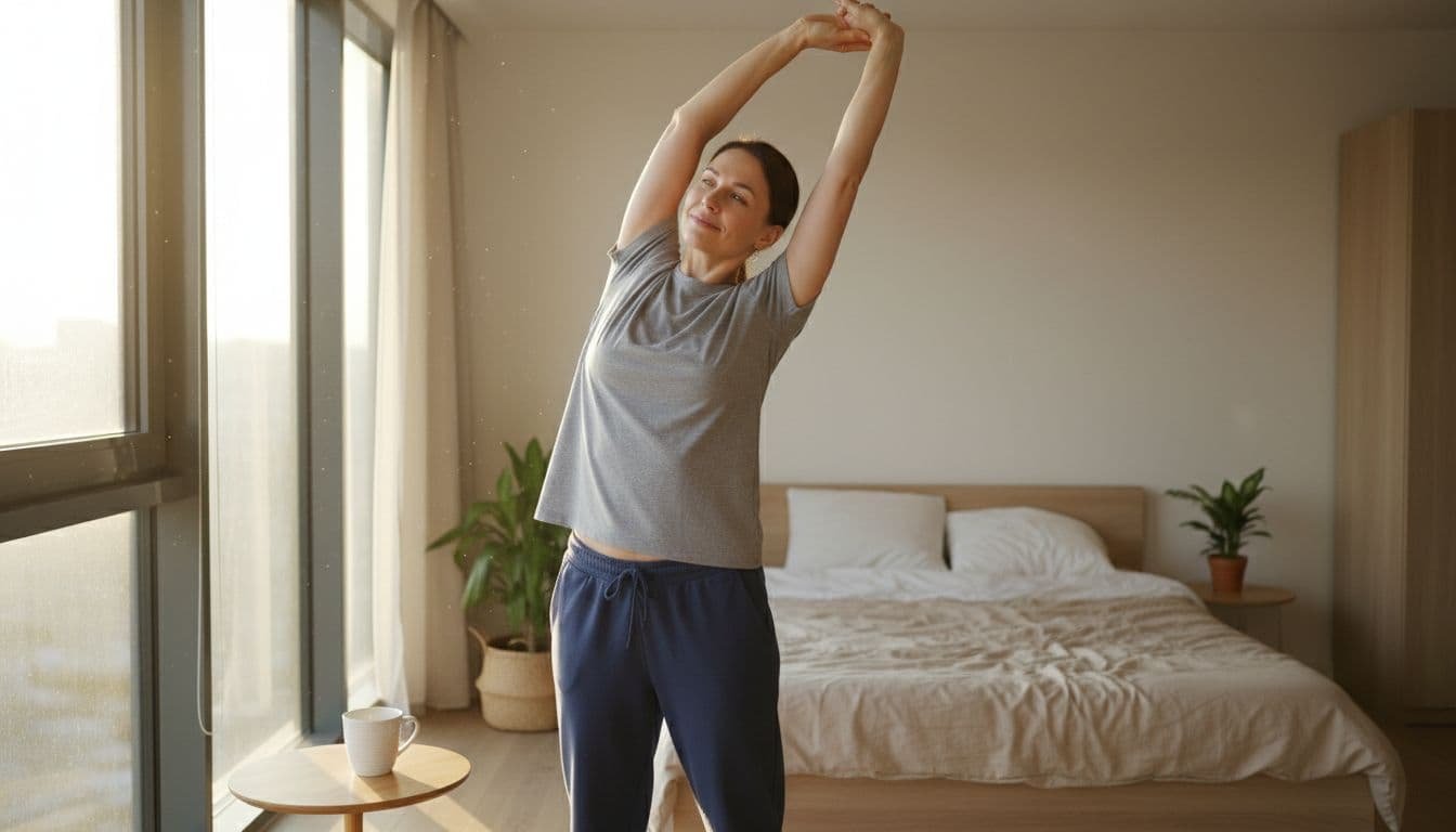 A single adult in casual clothes performs a morning stretch by a large window in a bright sunny apartment, with a coffee mug on a nearby table and a made bed in the background. Natural morning sunlight floods the room, conveying a positive and calm expression for mental stability.