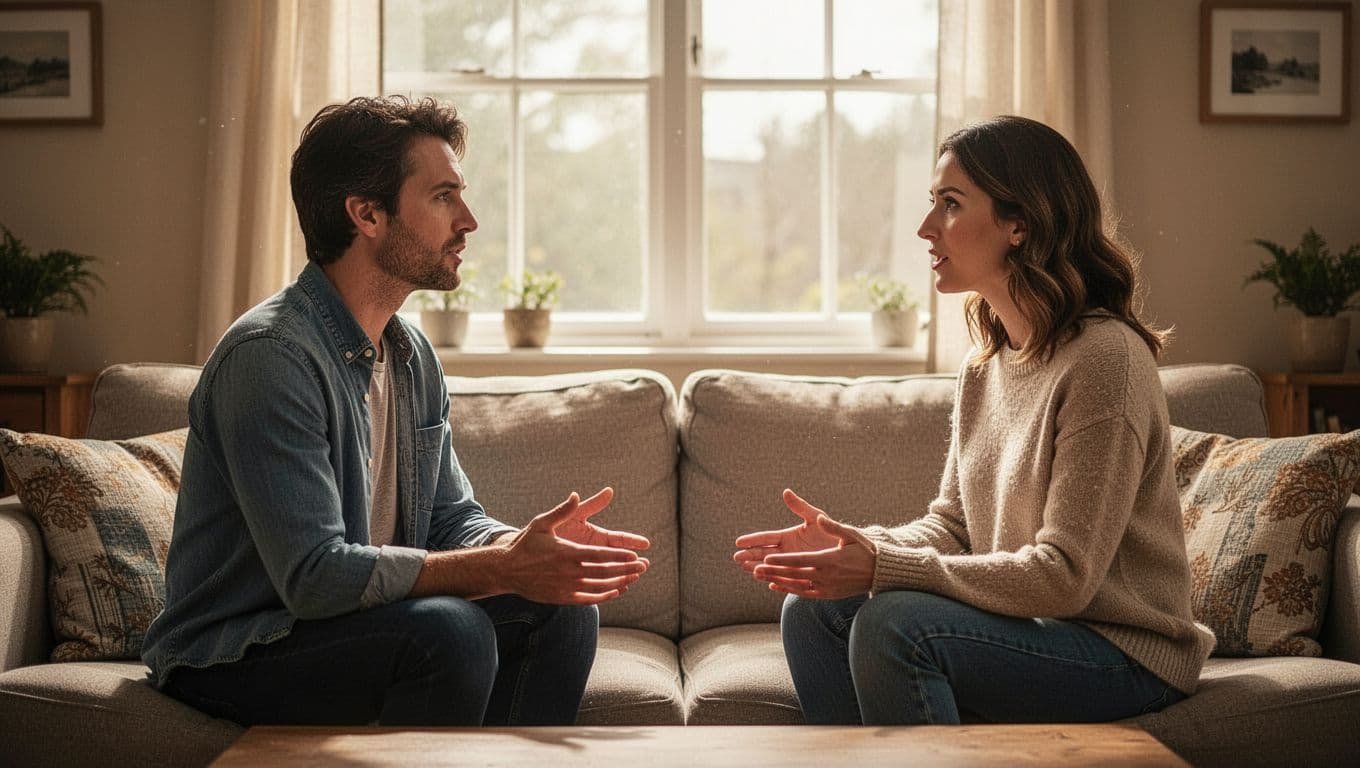 A couple in their 30s sits face-to-face on a cozy couch in a warmly lit living room, engaged in a calm, respectful conversation with open body language, hand gestures, and eye contact.