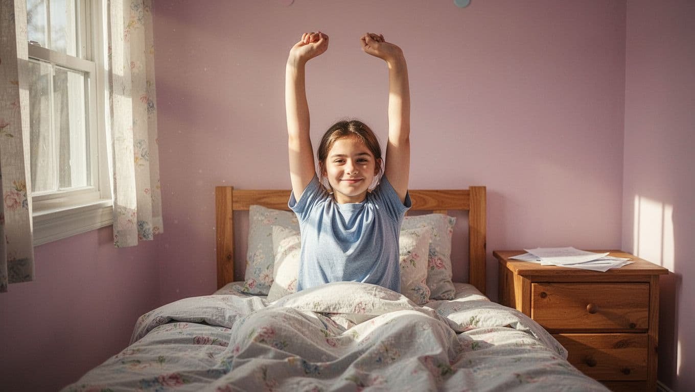A young student sits up in a bright cozy bedroom with a calm confident smile, gently stretching arms overhead after waking refreshed, bathed in soft morning sunlight illuminating the simple bed and nightstand.