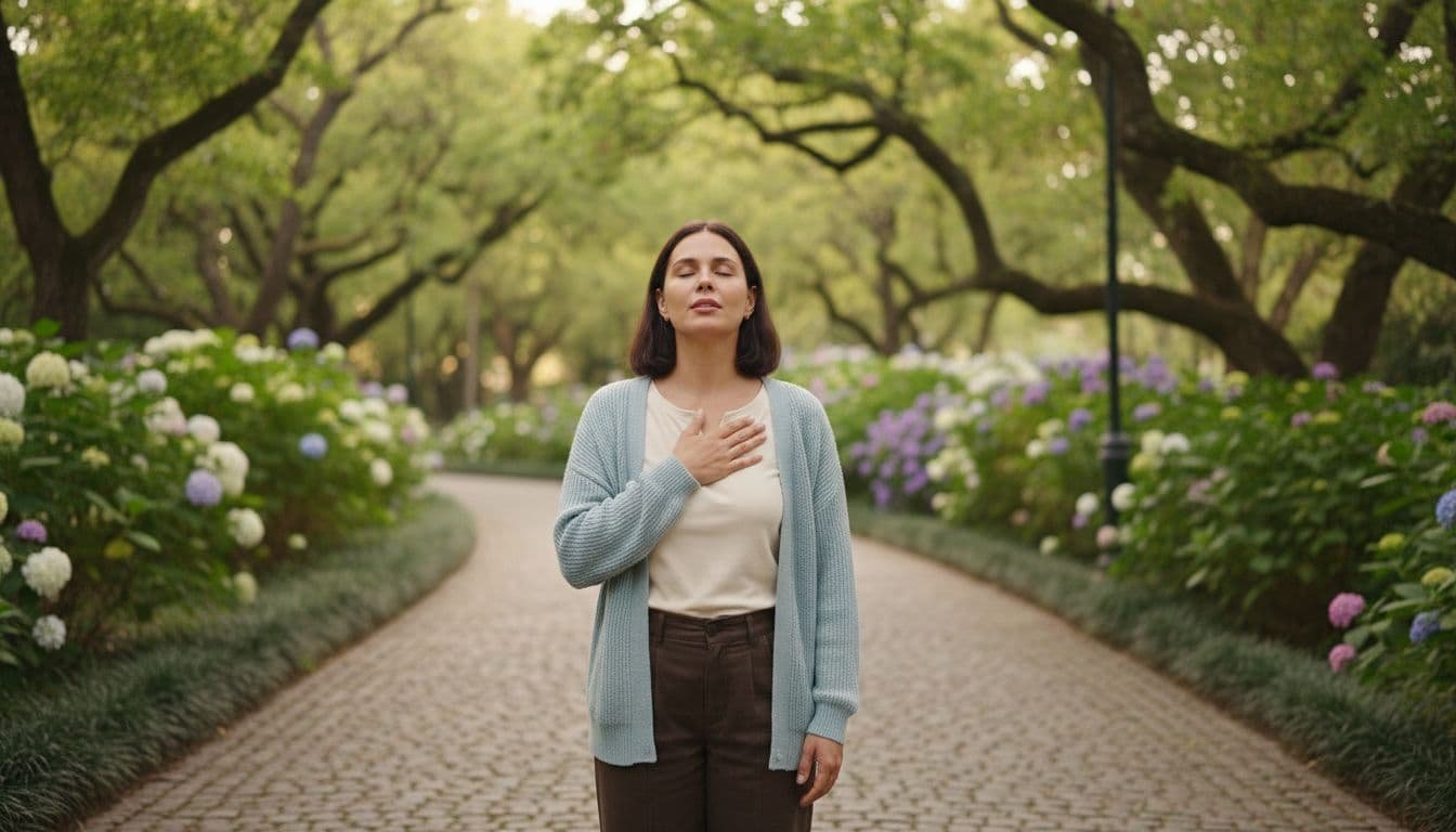 A serene woman pauses mid-walk on a peaceful park path, eyes closed and hand on heart, silently repeating a positive affirmation in natural daylight with soft lighting, realistic style.