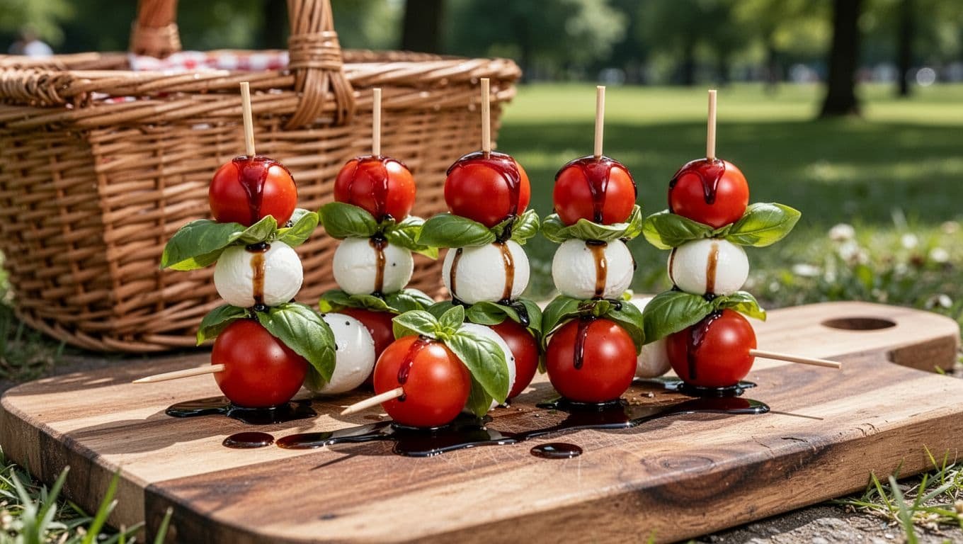 Five caprese skewers with tomatoes, mozzarella balls, and basil on wooden sticks, drizzled with balsamic, on a cutting board by a picnic basket in a park.