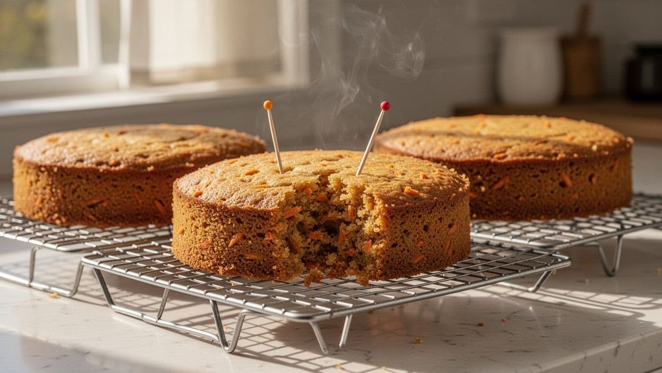 Two freshly baked golden carrot cake layers cooling on wire racks over a kitchen counter, with one toothpick inserted showing moist crumbs attached and slight steam rising in soft afternoon light.