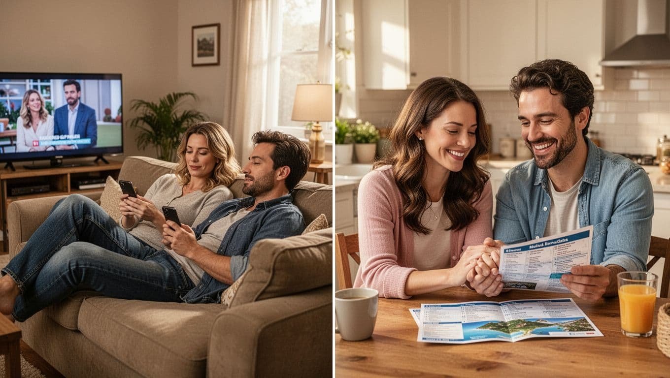 Split scene: left, couple on couch watches TV distantly with phone; right, pair at table smiles holding hands over calendar.