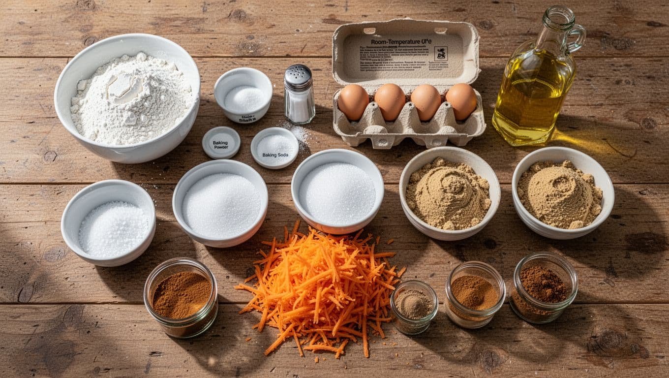 Overhead composition of key ingredients for classic carrot cake on a rustic wooden kitchen counter, including flour, sugars, eggs, oil, grated carrots, and spices in photorealistic food photography style.