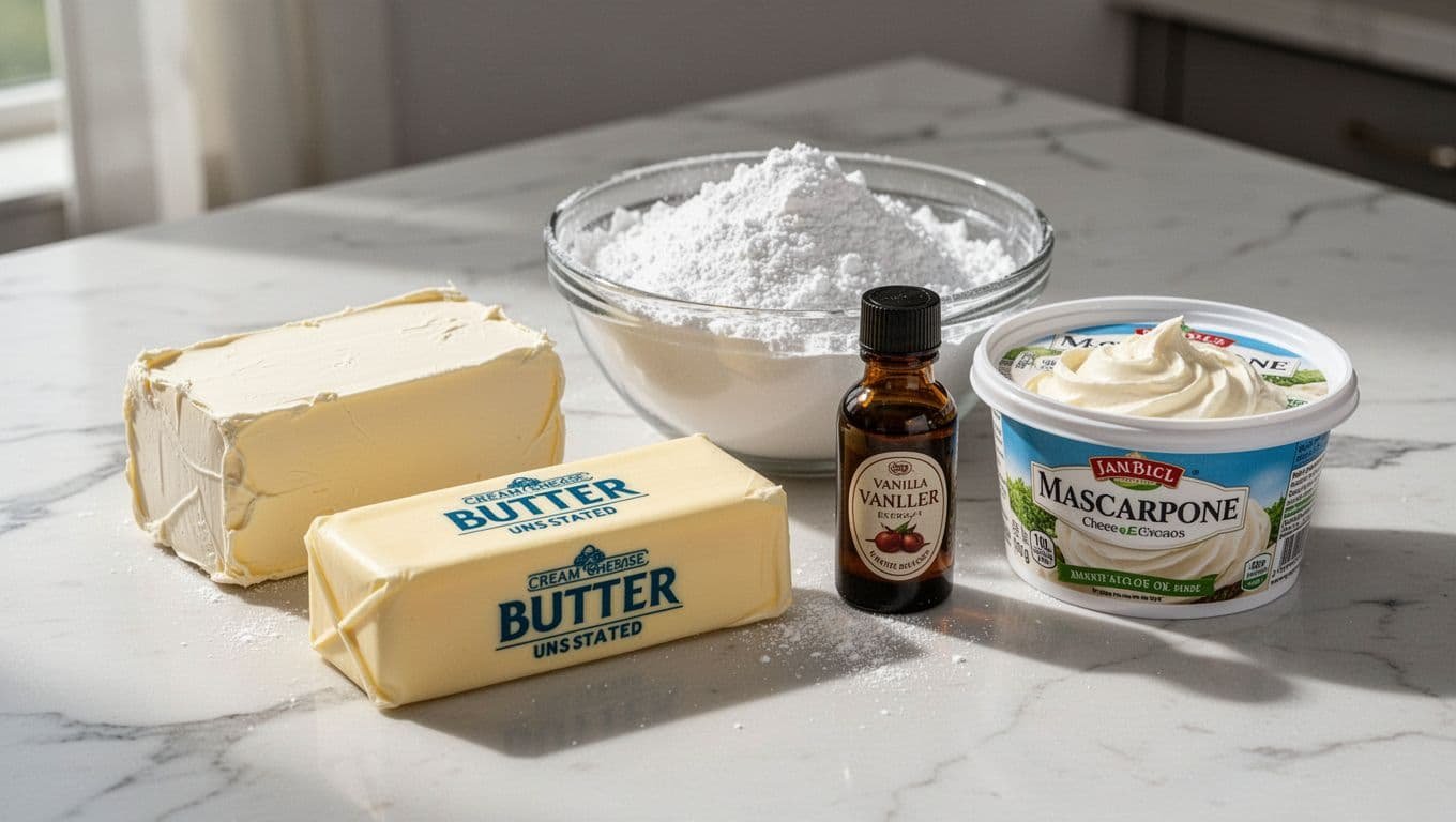 Ingredients for the best cream cheese frosting including softened cream cheese, unsalted butter, powdered sugar, vanilla extract, and optional mascarpone on a marble countertop. Side-angle close-up in soft natural light with photorealistic food styling.
