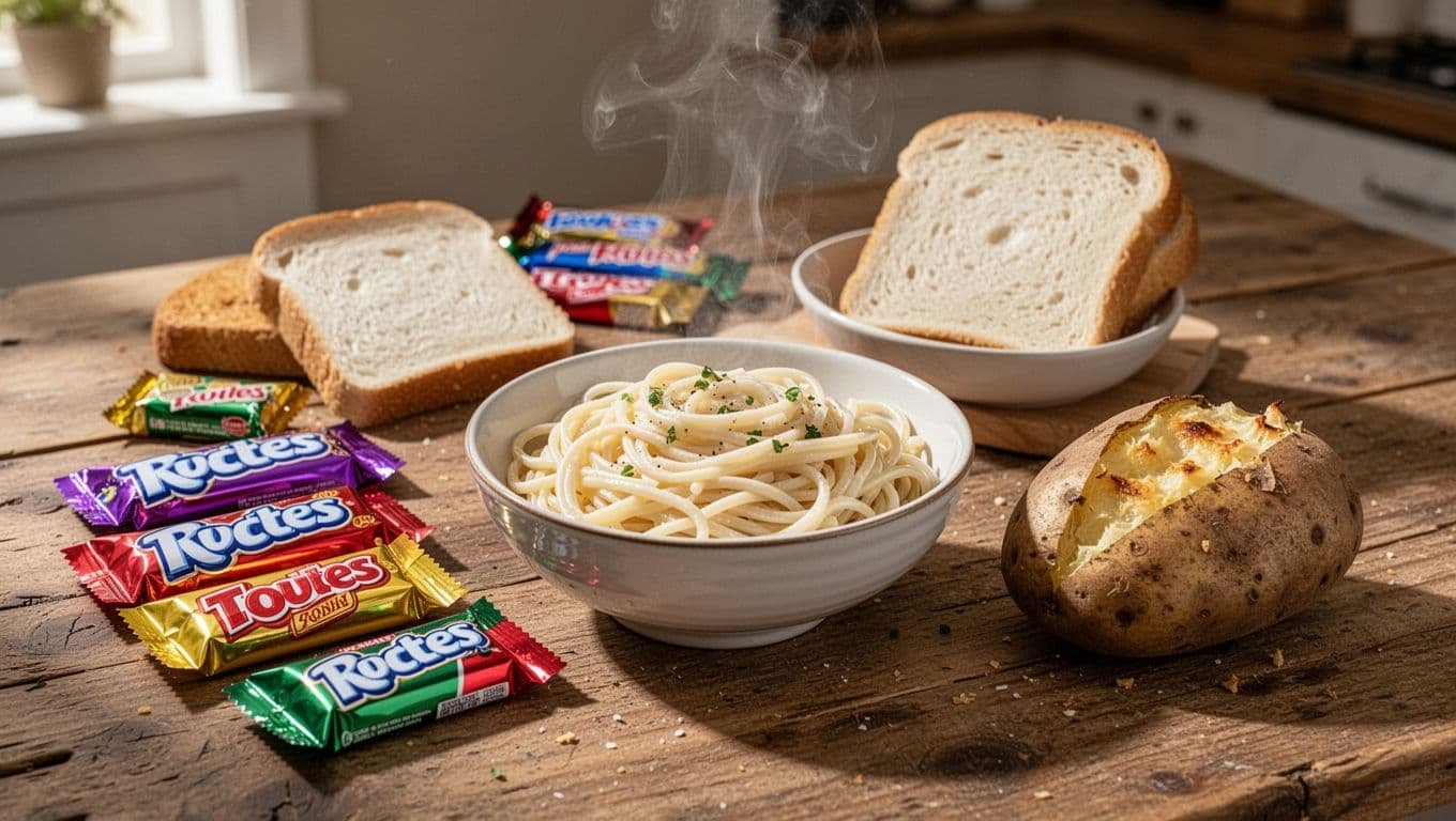 An assortment of colorful unwrapped candy bars, chocolate desserts, sliced white bread, steaming pasta, and baked potatoes piled on a rustic wooden kitchen table in realistic food photography style with soft overhead lighting and high texture detail.