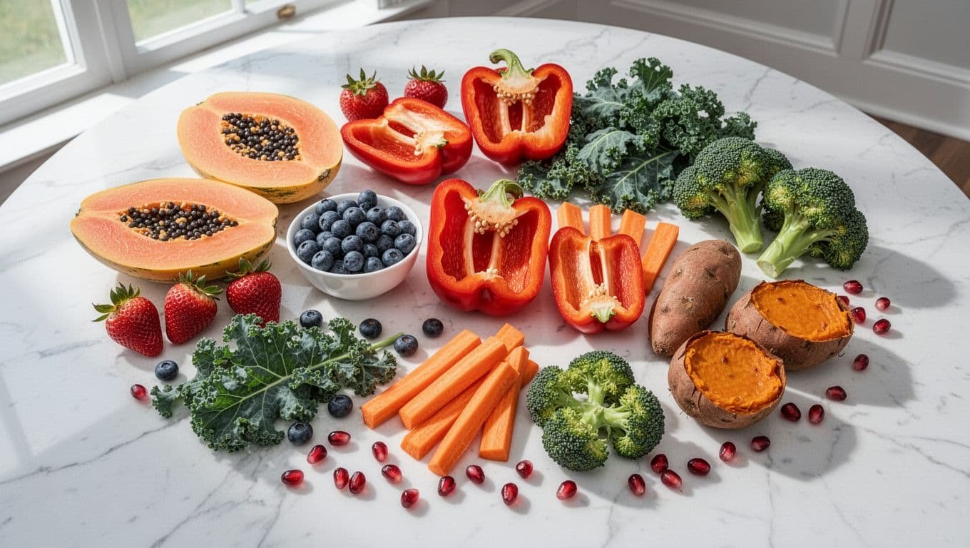 Top-down view of plate with sliced papaya, mixed berries, halved bell peppers, carrot sticks, kale, broccoli, sweet potato halves, and pomegranate arils on white marble.