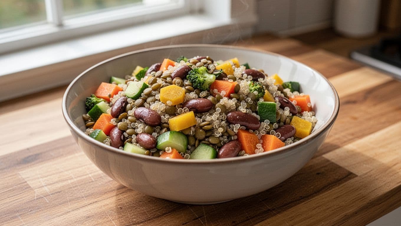 A vibrant bowl of cooked lentils, beans, and quinoa salad mixed with fresh vegetables on a kitchen counter, captured in realistic high-detail photography with soft natural lighting.