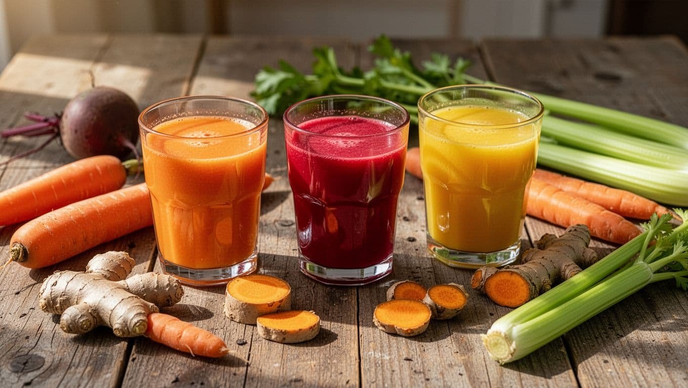 Assortment of vibrant orange, red, and yellow root vegetable juices in clear glasses on a rustic wooden surface, surrounded by whole carrots, beets, ginger roots, turmeric pieces, and celery stalks in warm natural sunlight.