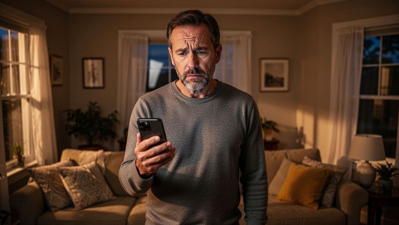 Alert mid-40s single parent man in cozy living room evening light, holding smartphone with concerned expression while reading chat messages hinting at red flags like excessive compliments or pressure.