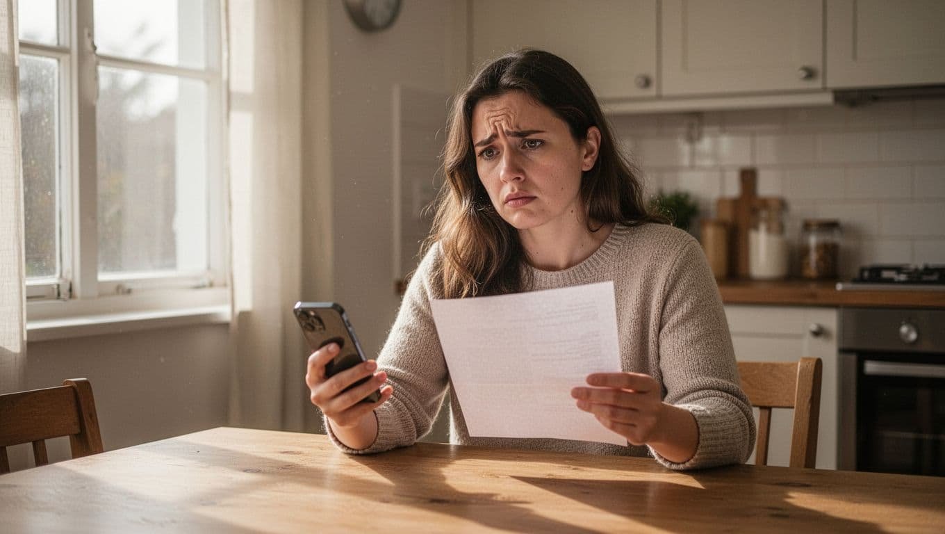 A concerned young woman in her mid-20s sits at a kitchen table at home, looking worried while holding a smartphone and a document about privacy laws, with soft natural morning light through the window.