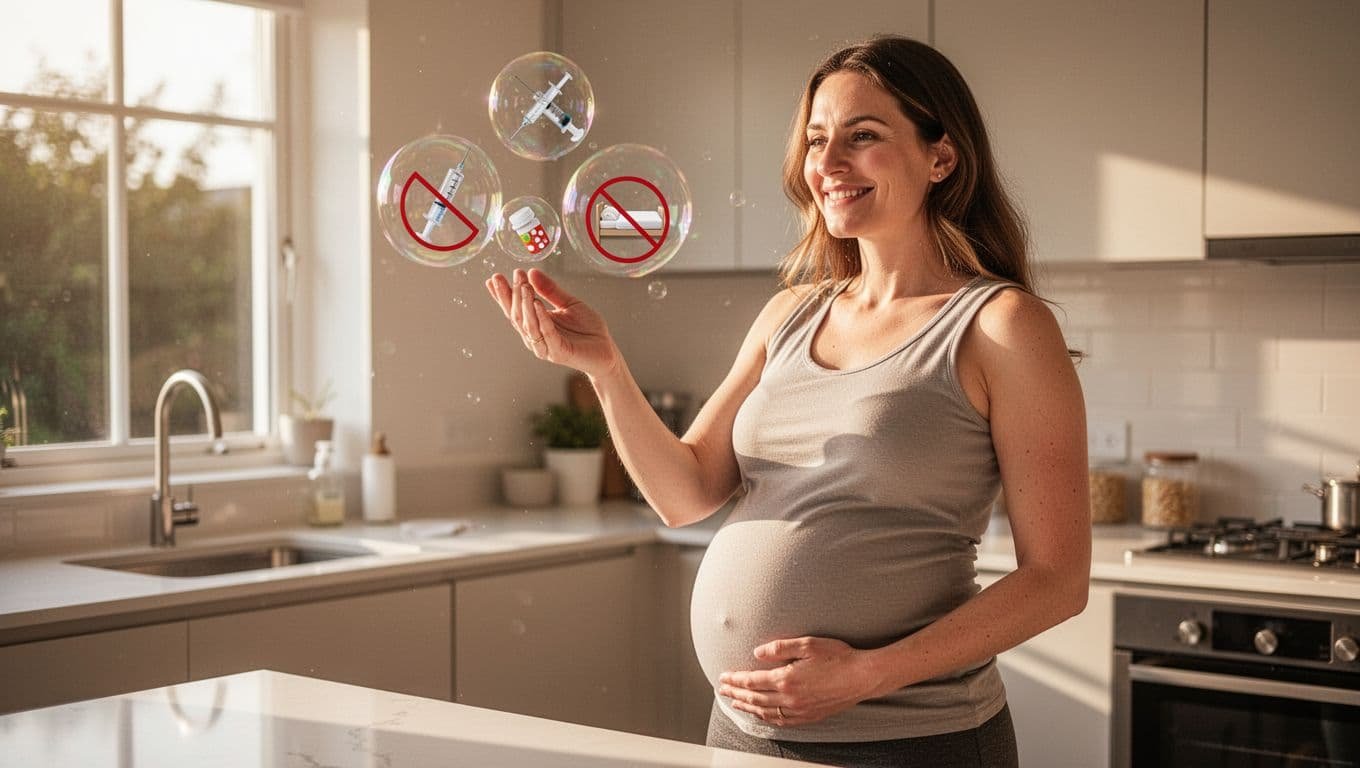 Confident pregnant woman in second trimester smiles in bright modern kitchen while bursting a soap bubble labeled with crossed-out myth icons like vaccine syringe, bed rest, and supplements.