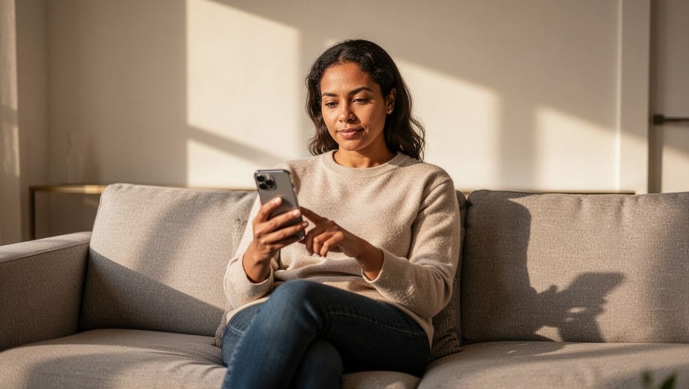 A confident single parent in their mid-30s sits comfortably on a couch in a modern living room with natural light, editing their dating profile on a smartphone with a relaxed expression. The realistic image uses warm tones, focuses on the person and device, with no other people or text present.
