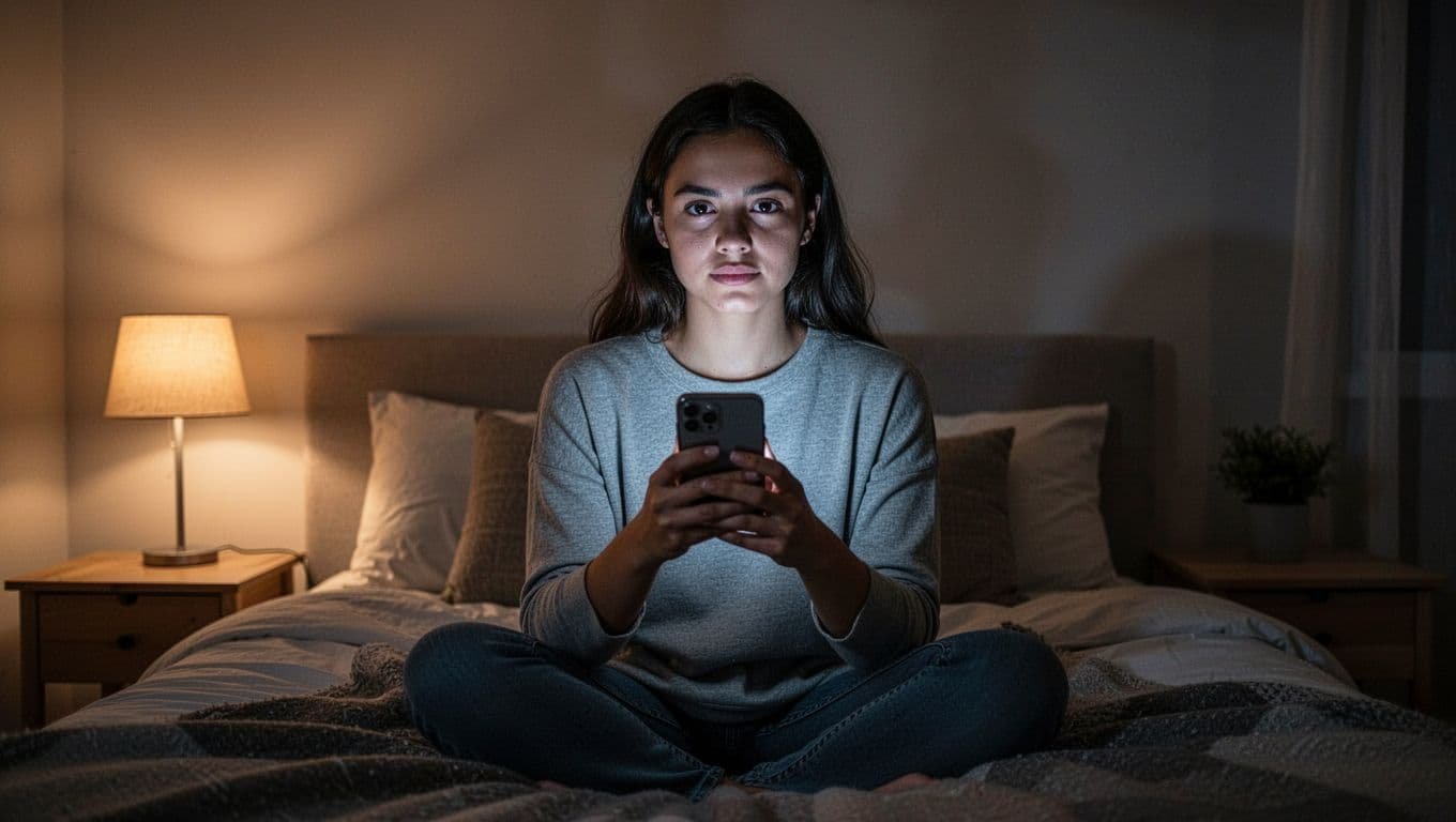 Confident young woman in her mid-20s sitting up in bed at night in a cozy bedroom, holding a phone with a late-night text notification but not replying, calm empowered expression as she sets boundaries, soft warm lamp lighting.