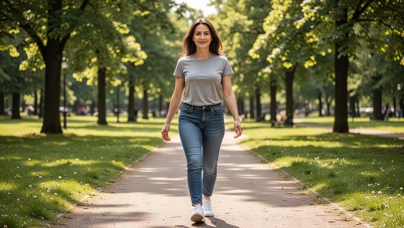 A confident woman in casual clothes stands on a sunlit park path, taking a small step forward with a subtle smile and relaxed arms, surrounded by green trees, symbolizing rebuilding self-trust through small choices in realistic photo style with bright natural daylight.