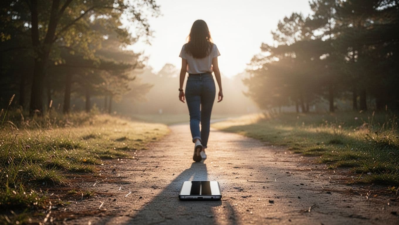 Confident young woman in her mid-20s walks away from a dimly lit phone screen showing late-night texts on the ground toward a bright sunny path at dawn, symbolizing empowering choices.