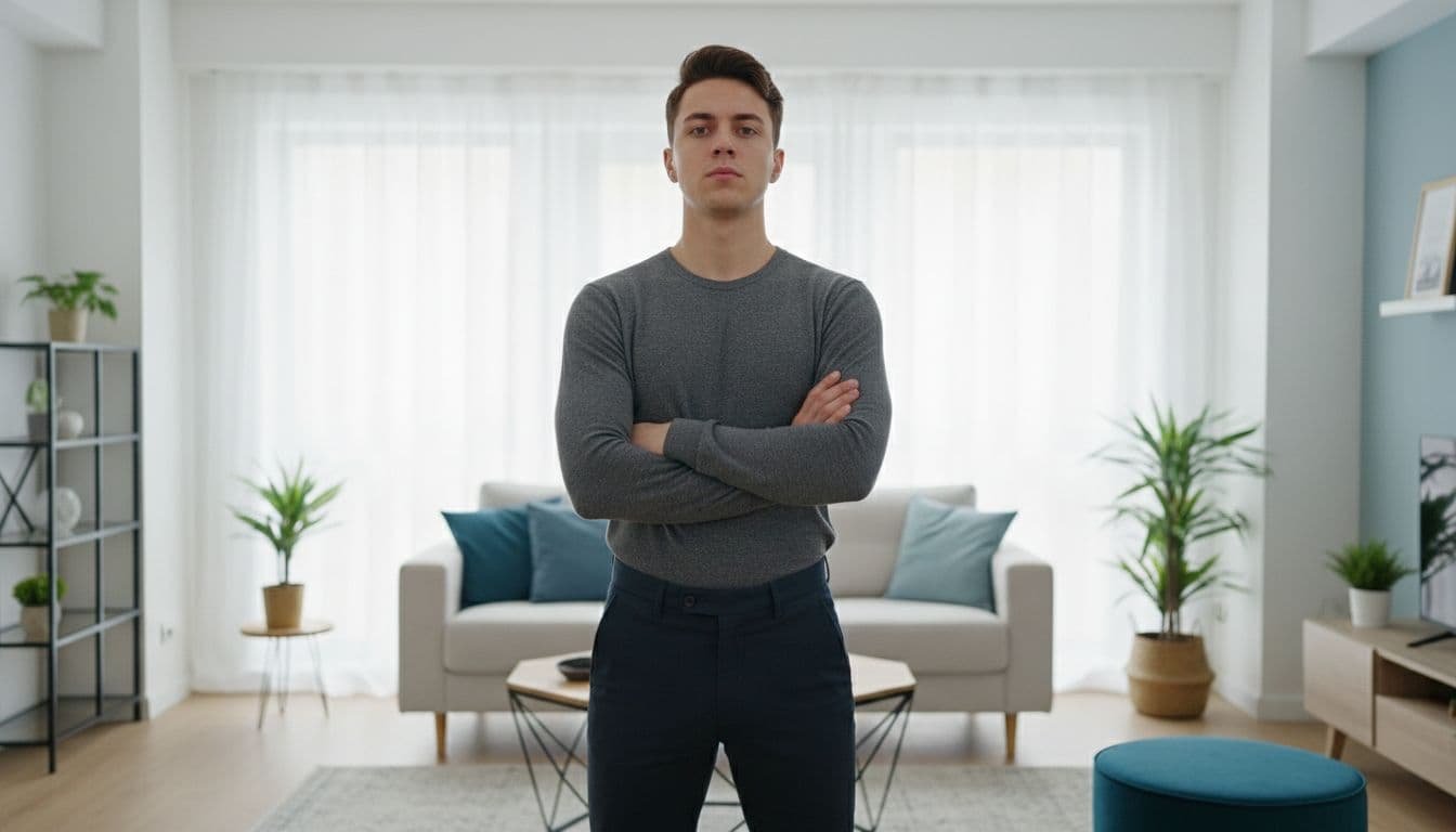 Confident young adult standing in a modern living room with arms crossed, calm determined expression looking directly at viewer, symbolizing empowering boundary-setting against inconsistent attention.