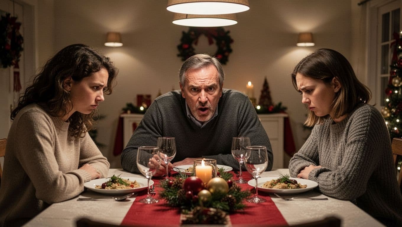 A middle-aged man insists on his way at a family holiday dinner table, with his two adult children looking uncomfortable and sidelined, highlighting a tense family dynamic in realistic photo style under warm indoor lighting.