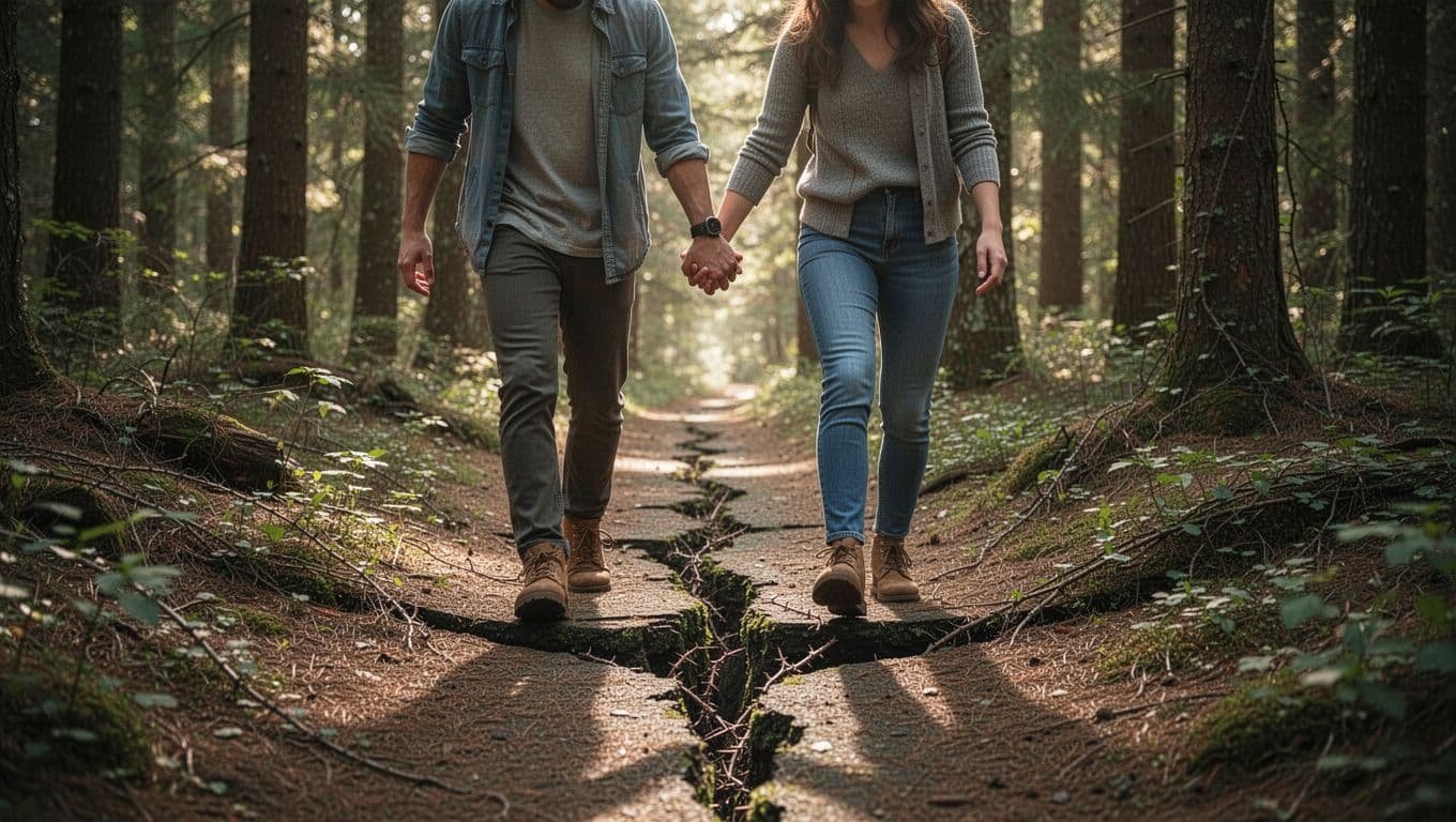 Couple walks hand-in-hand on narrow forest path, stepping over cracks, thorny vines, and holes.
