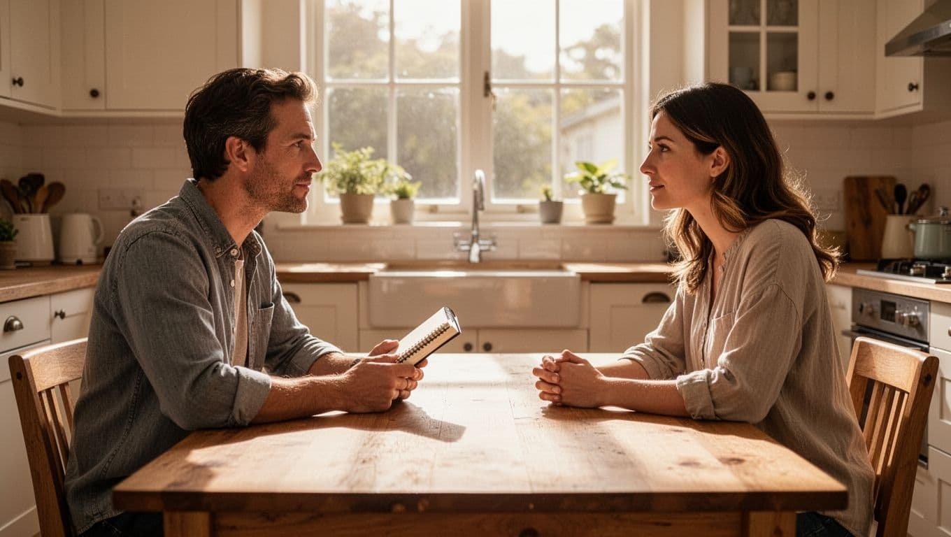 A couple in their 30s sits face-to-face at a sunlit wooden kitchen table, engaged in a calm conversation about relationship boundaries, with relaxed postures and one holding a notebook.