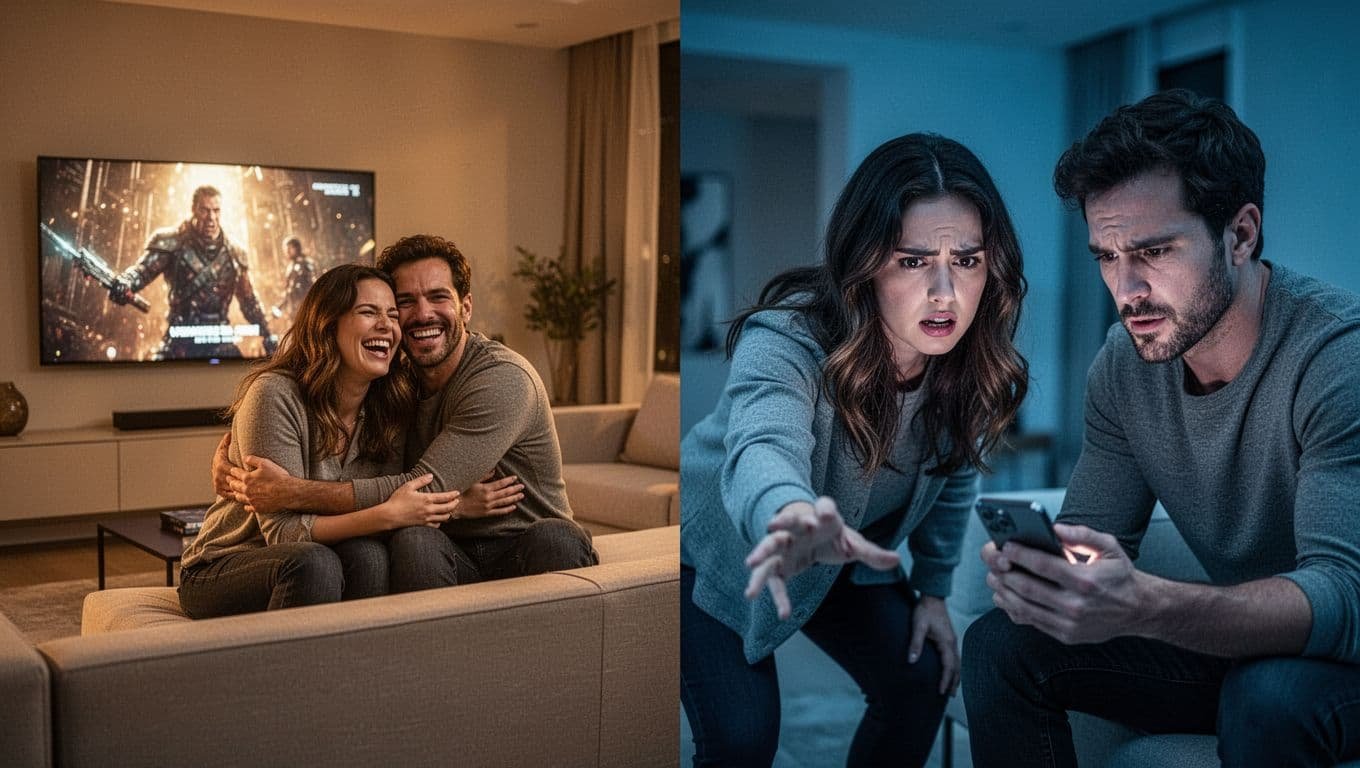 Left: laughing couple cuddles on couch in warm light; right: stressed woman reaches out, man ignores on phone.