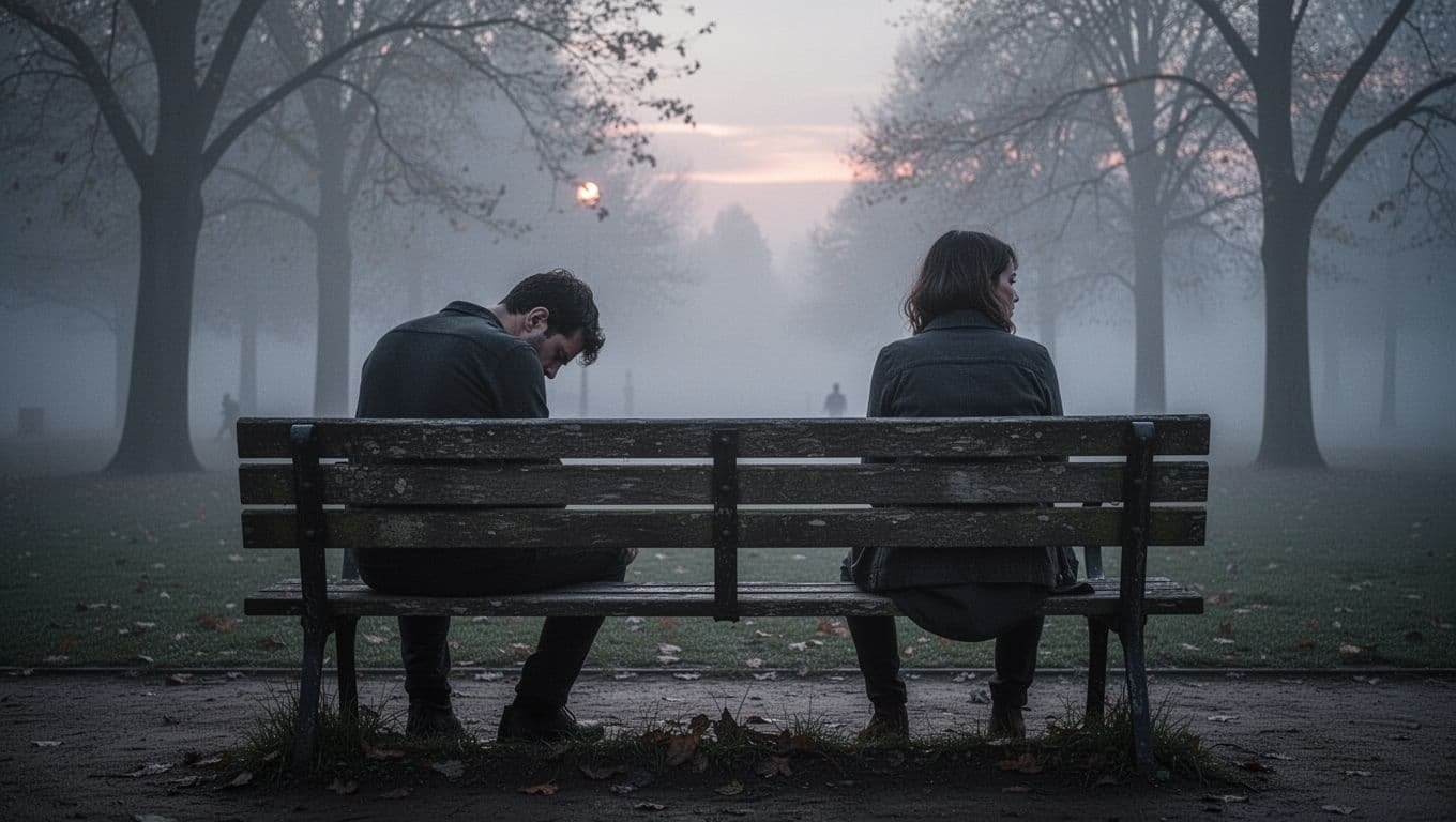 A couple sitting on opposite sides of a wooden bench in a misty park at dusk, backs turned to each other with tense postures, one man looking down sadly, foggy atmosphere emphasizing emotional distance.
