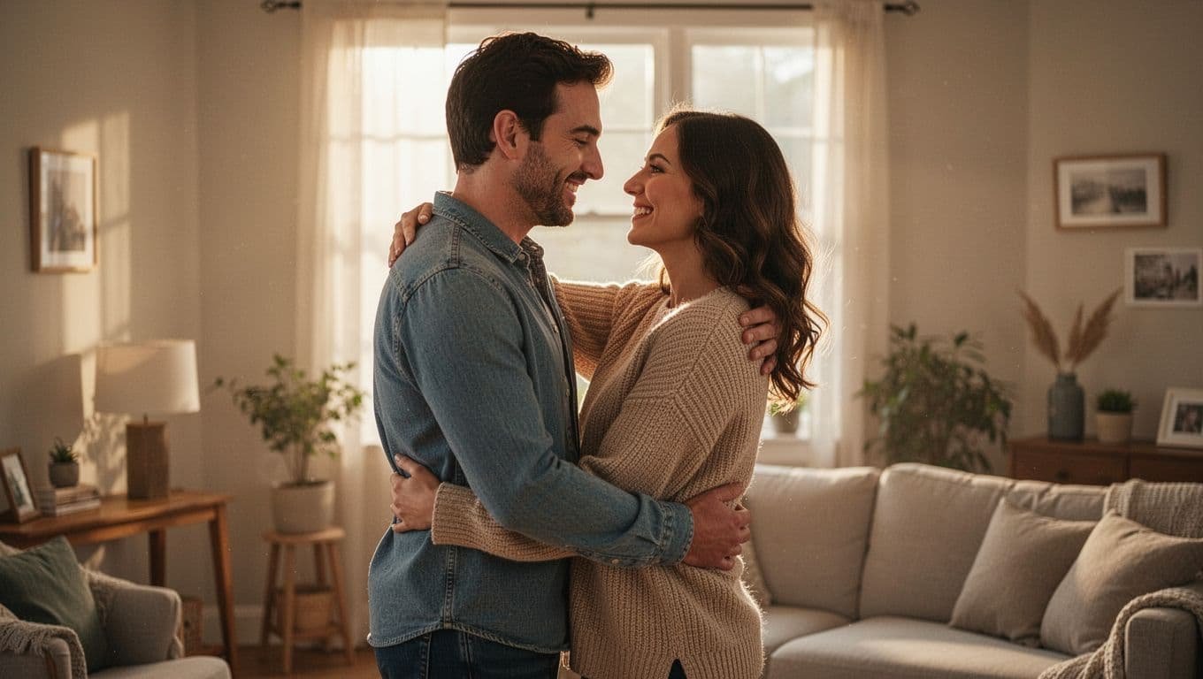 A man and woman in casual clothes share a gentle, relaxed side-view hug with warm smiles in a cozy living room illuminated by soft natural morning sunlight.