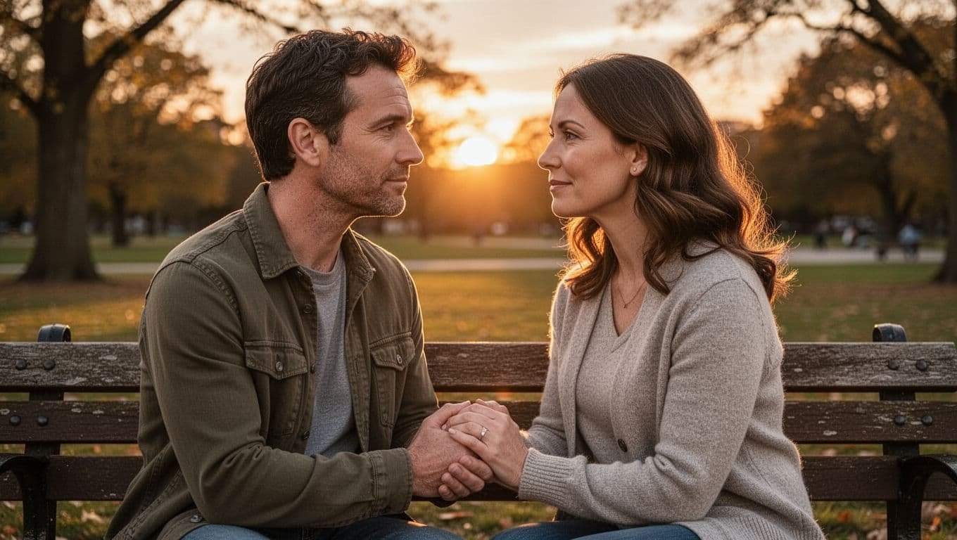Couple sits close on wooden park bench at sunset, holding hands and gazing into each other's eyes.