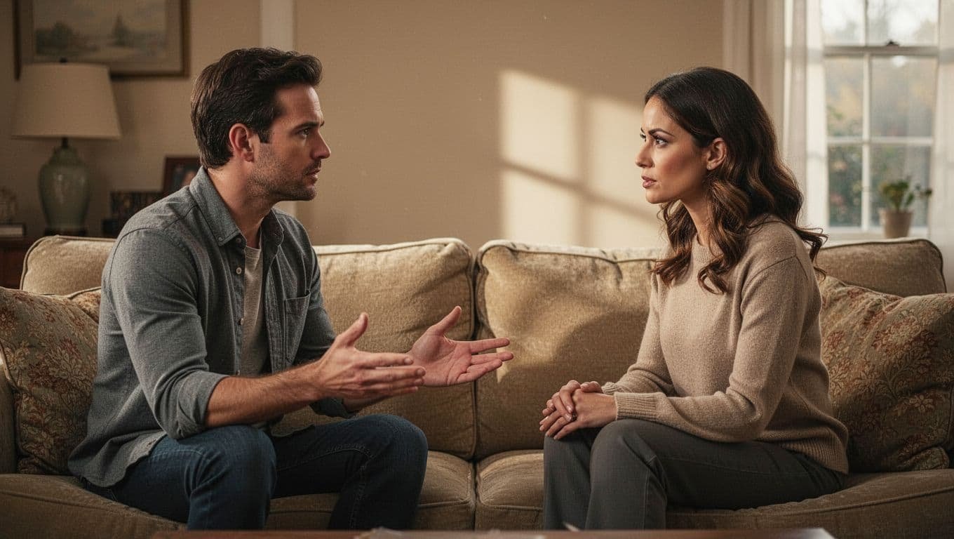 Man and woman sit face-to-face on couch, one gesturing as other listens empathetically in warmly lit living room.