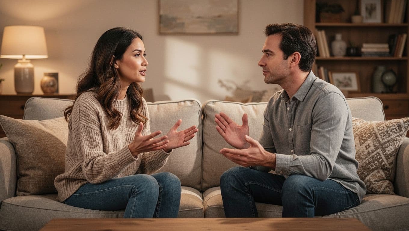 Calm couple sits face-to-face on cozy couch, woman gestures gently while speaking, man nods attentively.