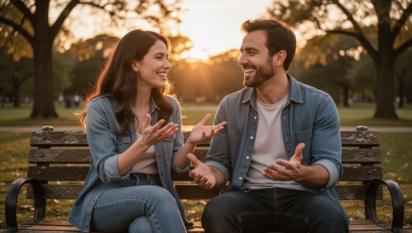 A man and woman sit closely on a park bench at sunset, with the woman animatedly sharing a personal story using her hands, and the man listening attentively with a warm smile and open body language.
