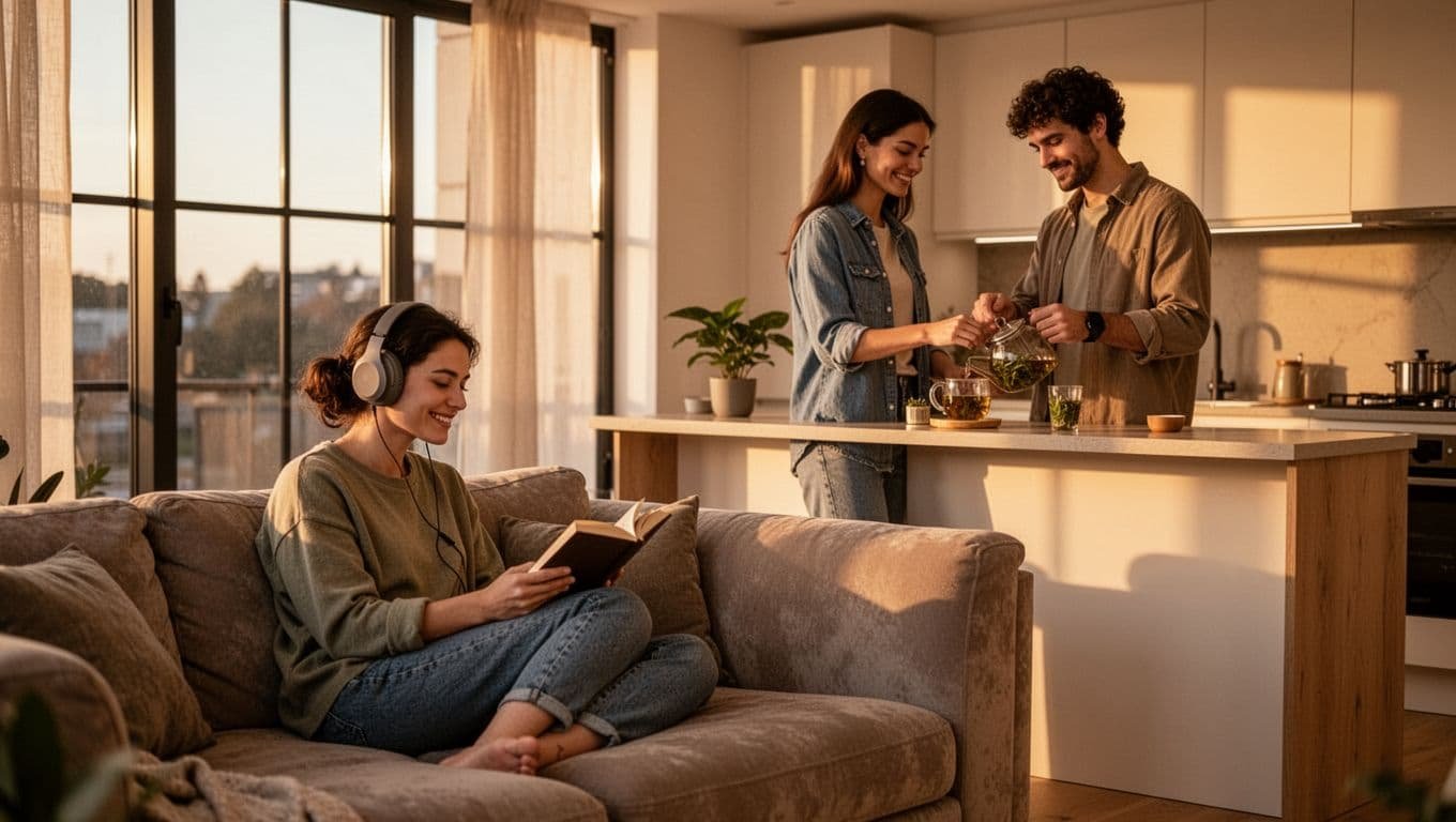 A couple in their late 20s shares a peaceful evening in a modern apartment, one relaxed on the couch reading a book with wireless headphones, the other preparing herbal tea in the kitchen, exchanging appreciative glances amid warm golden hour light.