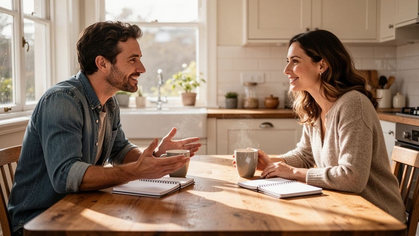 A man and woman in their 30s sit at a wooden kitchen table in a bright home, facing each other over notebooks and coffee mugs with relaxed smiles and open gestures.