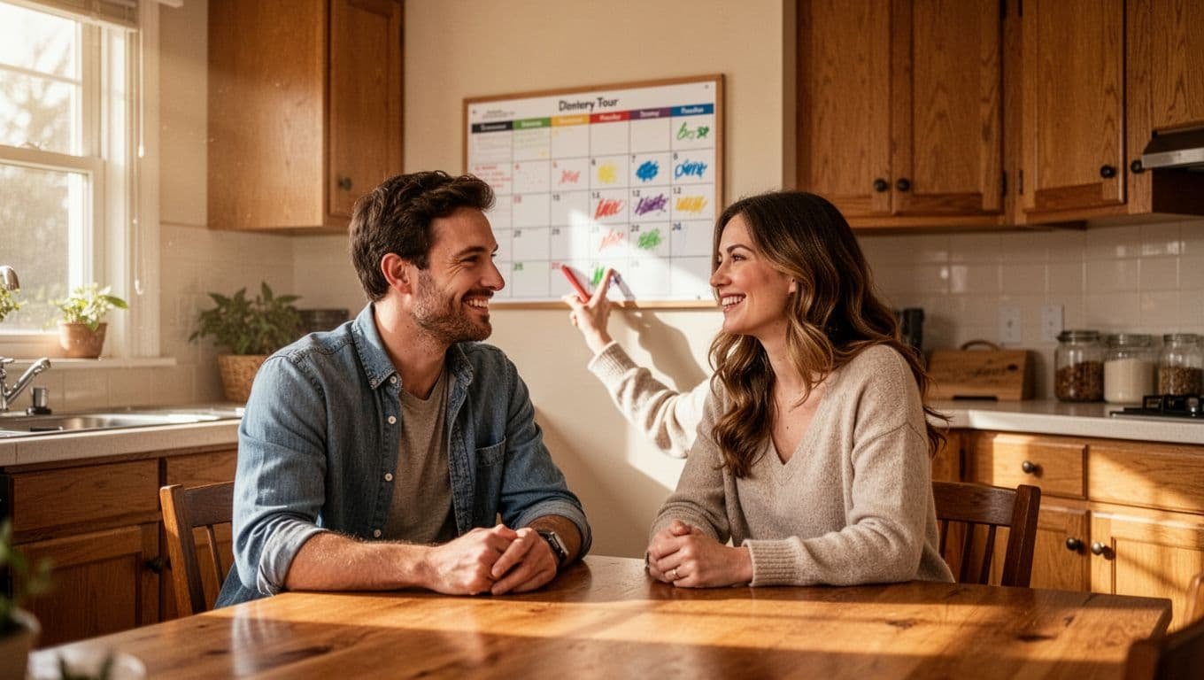 A couple in their late 20s sits relaxed at a wooden kitchen table, smiling and pointing at dates on an open wall calendar planner marked with color-coded work shifts, family events, friends meetups, hobbies, and rest periods in natural morning daylight.