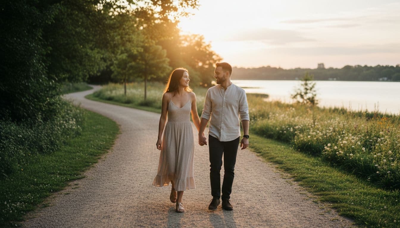 Realistic depiction of a couple walking hand-in-hand along a park path at sunset, illustrating a tender moment of warmth and emotional reconnection after therapy progress, with relaxed smiles and natural lighting.