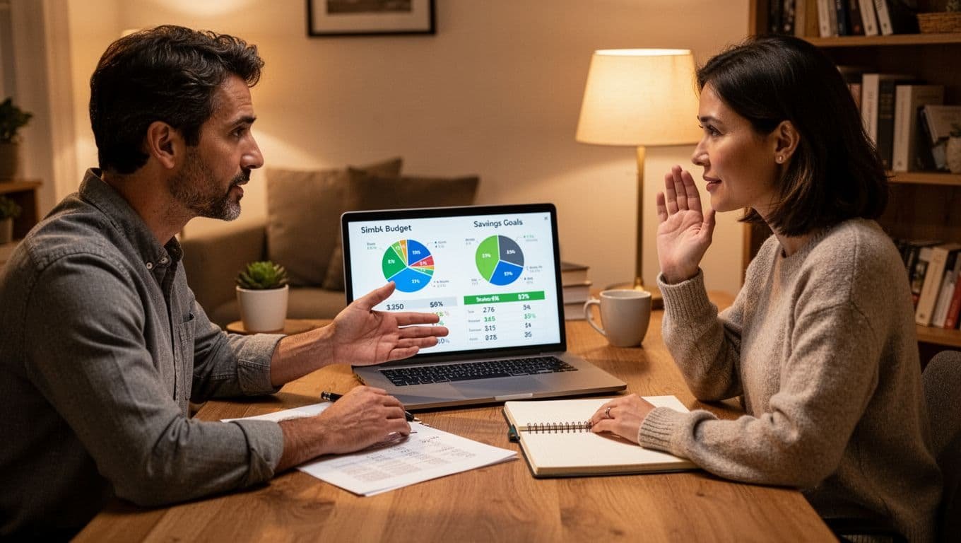 A couple in their 30s at a home desk calmly discusses simple budget pie charts and savings goals displayed on a laptop screen and paper notebook, with one gesturing to numbers and the other nodding, under warm lamp lighting in a cozy study background.
