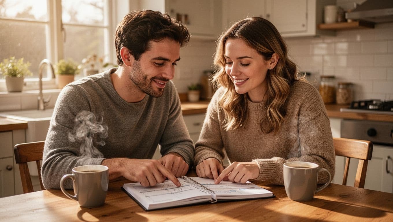 Mid-20s couple at a home kitchen table in warm morning light, thoughtfully reviewing a calendar or date planner together with relaxed smiles, coffee mugs nearby, illustrating observation of repeated behaviors over time.