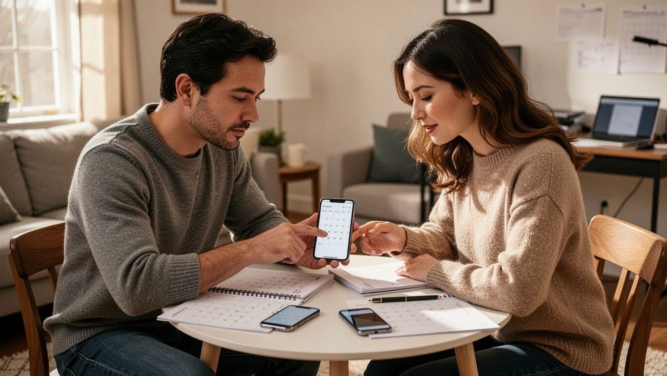 Man and woman sit close at table with open calendars and phones, one pointing to phone calendar screen.