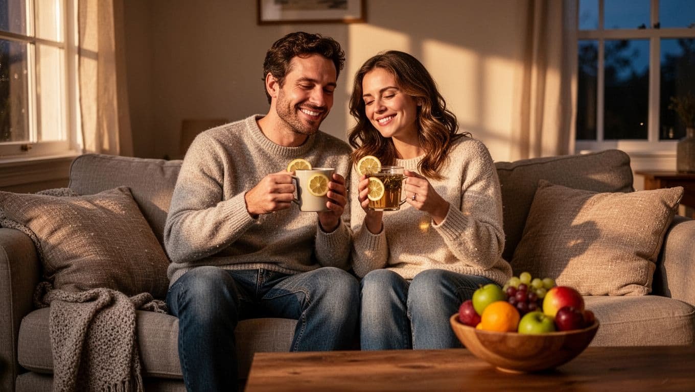 A couple in their early 30s relaxing on a cozy living room couch in warm evening light, sipping herbal tea from mugs with lemon slices, fresh fruit bowl on coffee table.