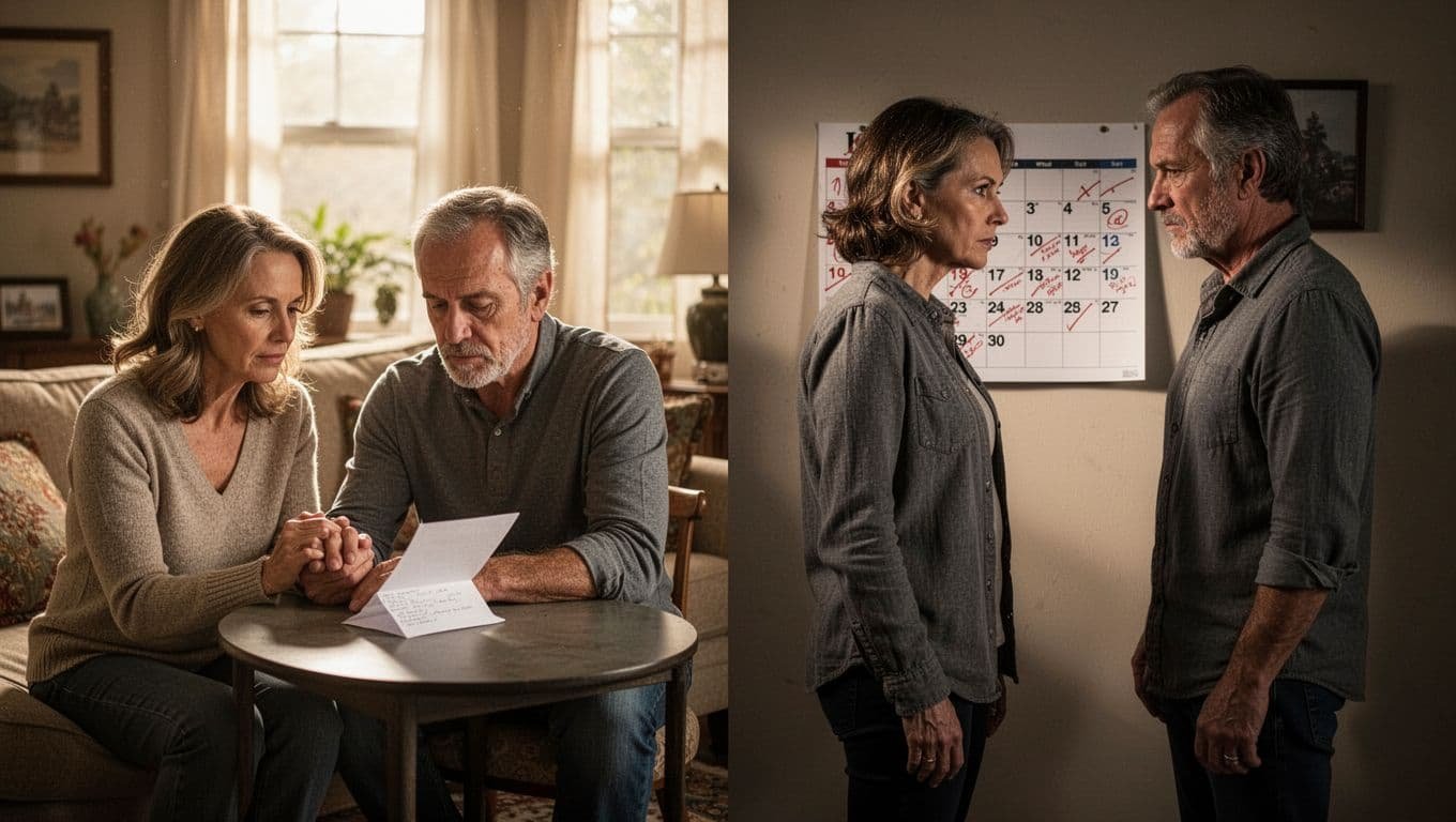 Split composition realistic photo of a middle-aged couple in a cozy living room: one side shows supportive hand-holding amid job loss notice, the other illustrates tense argument and emotional distance over months via calendar.