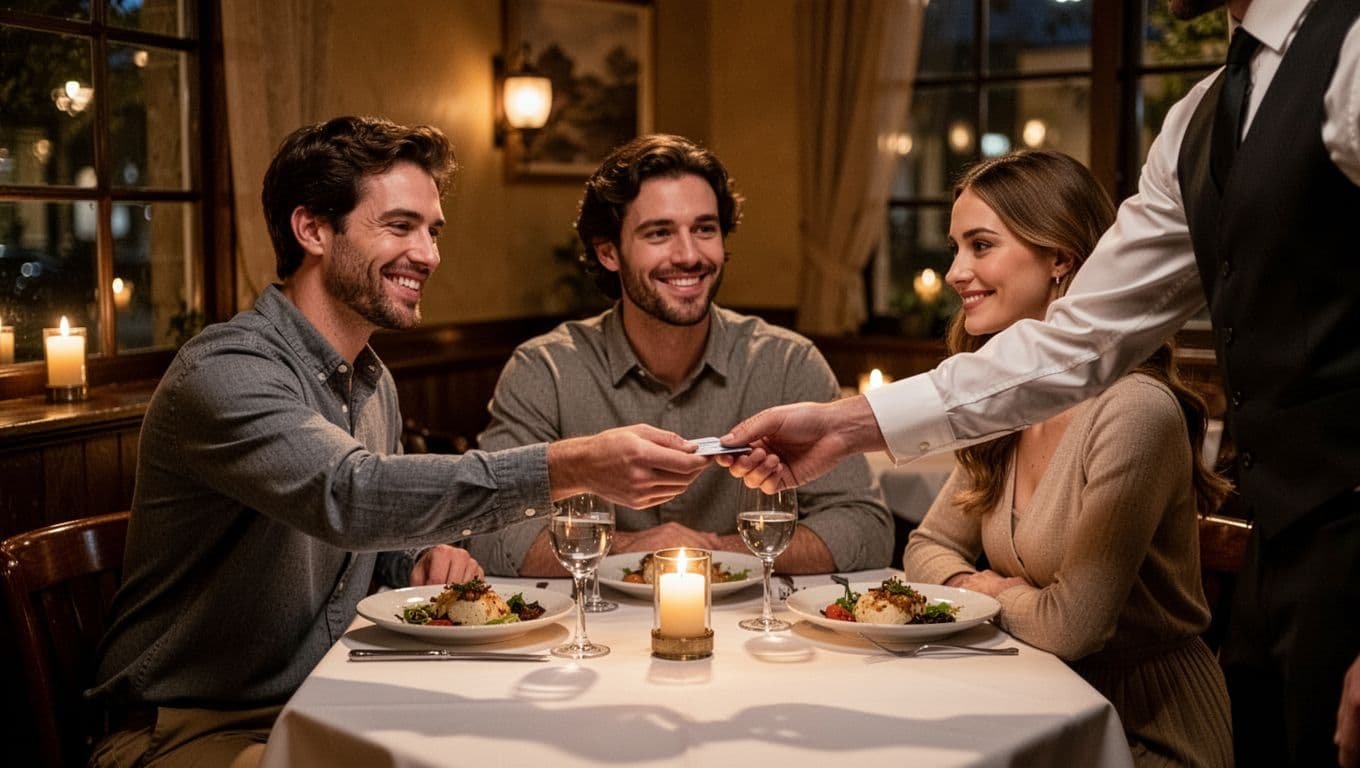 Mid-20s couple at a cozy restaurant table during dinner, man smiling warmly handing tip to waiter with relaxed gesture, woman approvingly smiling, soft warm candle and window lighting, realistic photo.