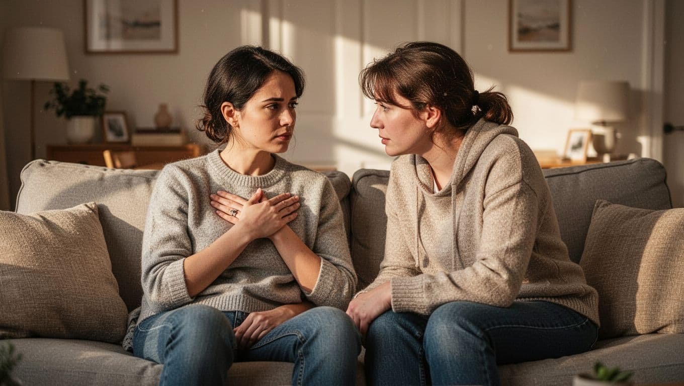 Couple sits close on couch facing each other, one hand on chest looking introspective, other leaning in empathetically.
