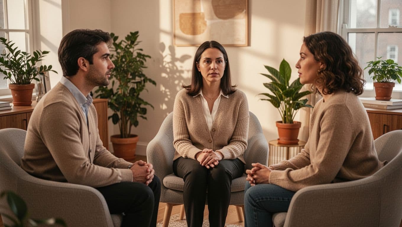 Couple sits across from therapist in cozy office with plants and soft chairs, engaged in conversation as therapist listens neutrally.