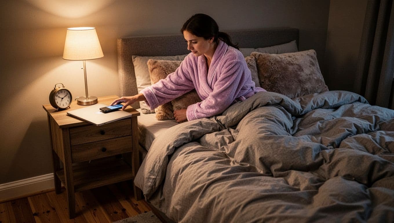 Person in pajamas places smartphone and closed laptop on nightstand with 9:00 PM clock, heading to rumpled bed.