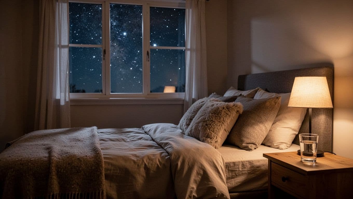 Serene nighttime bedroom with starry sky through window, neatly made bed with pillows, soft lamp light on nightstand with water glass, warm dim lighting for restful sleep atmosphere.